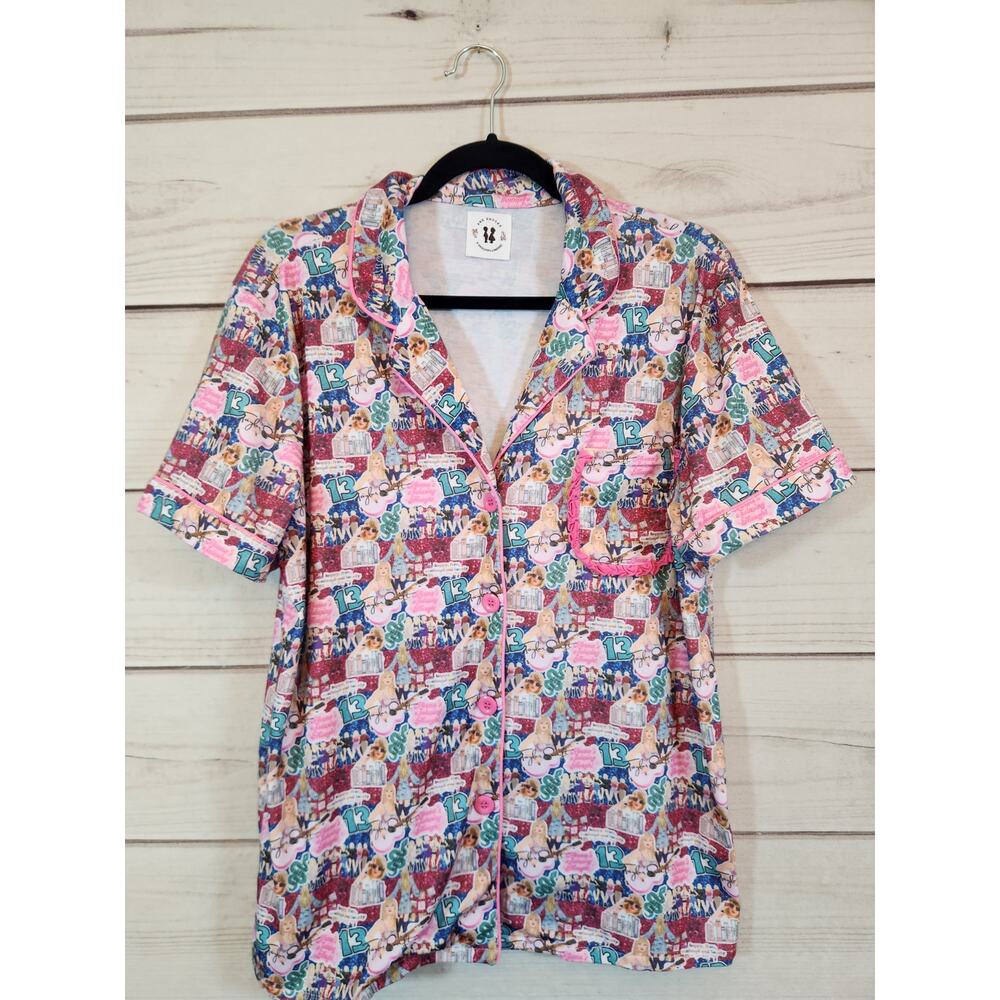 Awe Smocks Women's Taylor‎ Swift Printed Button Front Short Sleeve Sleep Shirt L